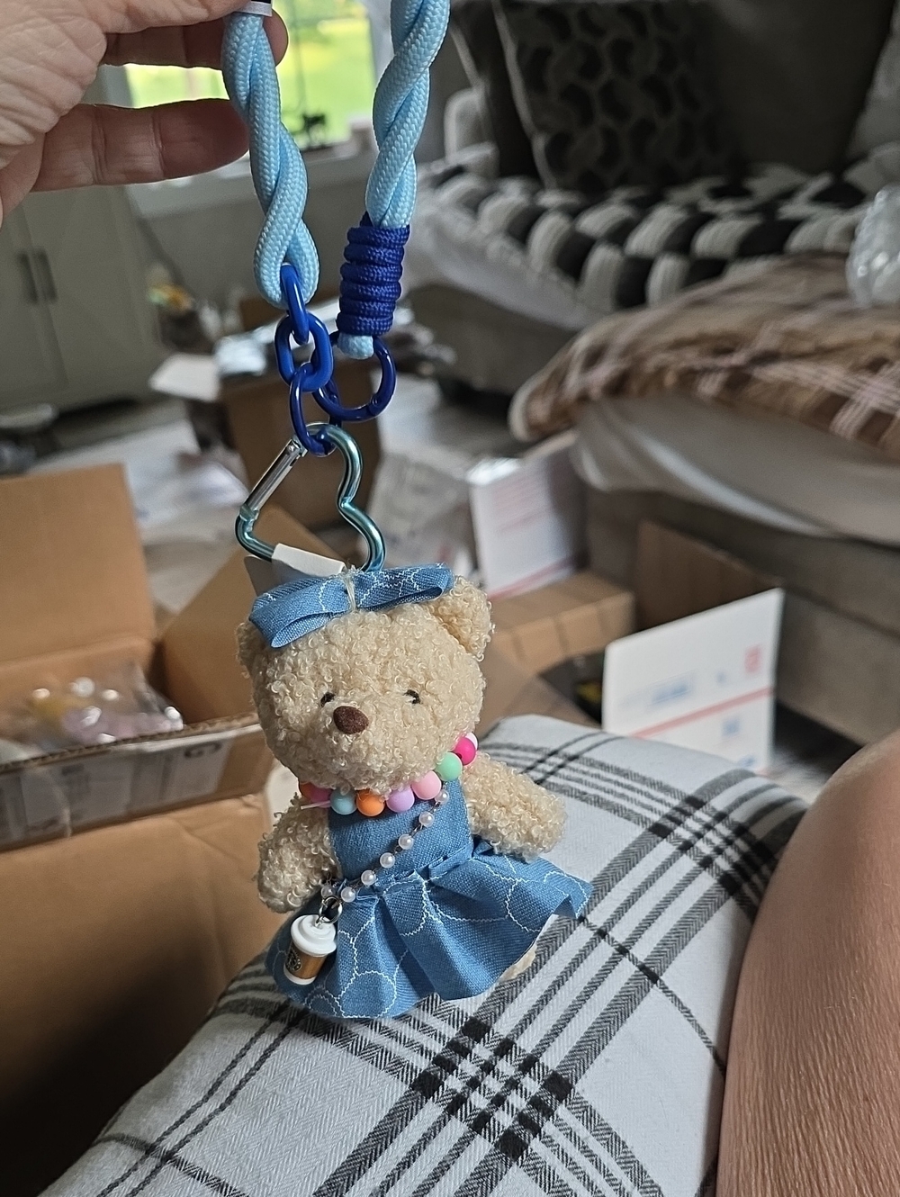 Blue Denim Dress Teddy Bear Keychain with Pastel Bead Necklace